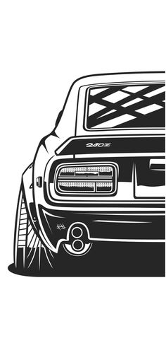 a black and white drawing of a car with the hood up on it's headlight