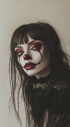 Creepy Clown Halloween Costumes, Clown Hair And Makeup, Clown Woman Makeup, Easy Clown Makeup Ideas, Fun Halloween Makeup Ideas, Cute Black And White Clown Makeup, Halloween Costumes Women Scary Makeup Ideas, Circus Of Horrors, Bad Clown Makeup