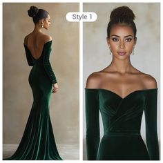 Evening Dress Velvet Off-Shoulder Custom Tailored Dress Long Sleeve Ba – Aabei Dress Emerald Green Velvet Prom Dress, Emerald Green Vintage Dress, Emerald Green Dress Vintage, Green Prom Dress With Sleeves, Green Red Carpet Dresses, Emerald Dress Long, Green Gown Elegant, Velvet Gowns Evening Dresses, Green Velvet Wedding Dress