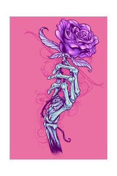 a drawing of a skeleton holding a purple rose in its hand, with pink background