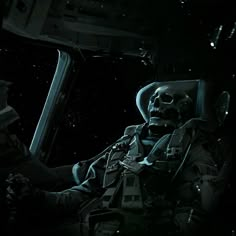 a skeleton sitting in the cockpit of a space ship looking out the window at the stars