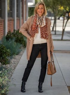 Fall fashion essentials for minimalists - Nora wears a neutral outfit and print scarf | 40plusstyle.com Merino Wool Dress, Minimal Look, Year One, Leather Midi Skirt, Just Style, Casual Friday, California Style, Neutral Outfit