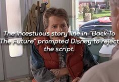 an older man sitting in front of a woman talking to each other with the caption'the infamous story line - back to the future '