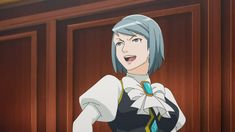 an anime character with blue hair standing in front of a wooden paneled wall and looking at the camera