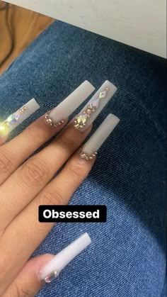 Cute Long Nails Ideas Art Designs, All White Nails With Gems, Simple Long Nails With Gems, White Nail Inspo With Gems, Rhinestone White Nails, White Long Nails With Gems, Plain White Nails With Rhinestones, Nails White With Gems, Long Acrylic Nails Rhinestones