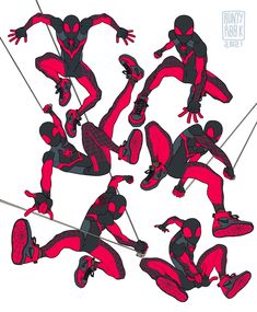 a group of spider - man silhouettes are shown in red and black, as well as