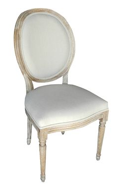 a white chair with an oval back and upholstered seat, on a white background