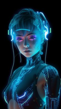 a futuristic woman with headphones and glowing hair