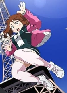 an anime character is flying over the eiffel tower with her hands in the air