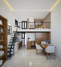 a living room and dining area with stairs leading up to the second floor that leads upstairs