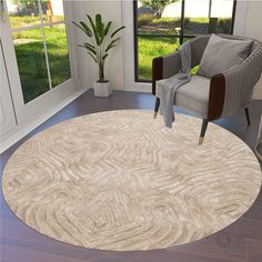 a living room with a chair and rug on the floor in front of a window