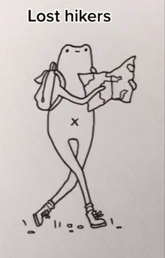 a drawing of a person with a backpack holding a map and the caption lost hikers