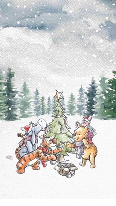 winnie the pooh and friends around a christmas tree with snow falling in the background