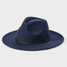 Keep your style cool and comfortable with this Recycled Polyester Wool Panama Hat from Goodfellow & Co™. This wool Panama hat features a reinforced stitch detailing, along with a woven band around the base of the crown for a touch of classic flair. A midweight knit construction provides a comfortable fit and the pull-on style makes it easy to put on or take off. Plus, the 3.25-inch brim keeps your face shaded from the sun's rays. Goodfellow & Co™: Feel good in what you wear, anywhere. Blue Flat Brim Fedora For Winter, Classic Blue Adjustable Fedora, Artisan Blue Wide Brim Fedora, Blue Breathable Six-panel Hat, Artisan Blue Flat Brim Fedora, Straw Fedora Hat, Straw Fedora, Wool Fedora, Newsboy Cap