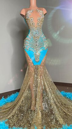 Green And Blue Prom Dresses, Miss World Dresses, Rio Themed Prom Dresses, Teal And Gold Prom Dress, Prom Dresses Blue And Gold, Blue And Gold Dress Prom, Turquoise And Gold Dress, Prom Dresses Teal Turquoise, Gold And Blue Prom Dress