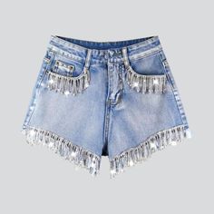 Look absolutely chic this summer with our diamond fringe embellished denim shorts from the 2023 Summer Collection—a perfect showcase of today's spirited fashion trends and vintage allure!Distinctive Features: Y2K Style: A bold and beautiful look from the past, reimagined for the modern day. High-Waist: Showcase your figure with style and grace. Straight Fit: Perfectly balances comfort and sophistication. Diamond Fringe Embellishment: Elegance and panache with every move. Zipper & Button Closure: Men Overall, Strapless Denim Dress, Denim And Diamonds, Nashville Outfits, Denim Ideas, Embellished Denim, Oversized Denim Jacket, Urban Street Style, Jeans For Short Women