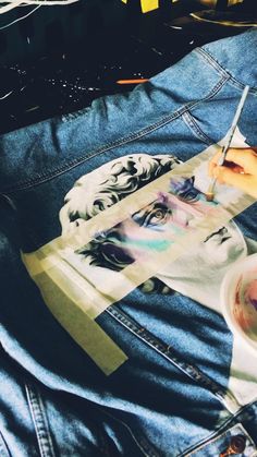 Hand painted denim jacket Customised Jacket, Paint For Fabric, Denim Jacket Diy Paint, Painting On Fabric, Hand Painted Denim