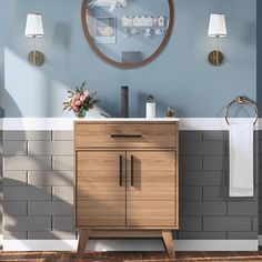 a bathroom vanity with a mirror above it and lights on the wall next to it