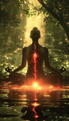 Immerse yourself in the serene beauty of this captivating image, where a person sits in a meditative pose amidst a lush forest. The glowing energy flowing through their body symbolizes the powerful connection between mind, body, and spirit. Perfect for those seeking inspiration on their mindfulness and spiritual journey. 🌿✨🧘‍♂️ Connection To Spirit, Light Body Spiritual, Meditating Pose, Meditation Art Spirituality, Kundalini Yoga Poses, Meditative Pose, Somatic Healing