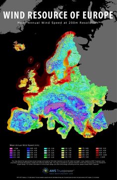 an image of a map with different colors on it and the words, wind resources of europe