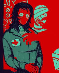 a drawing of a woman with her arm around a man's neck and wearing a red cross shirt