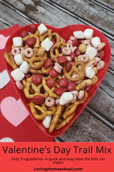 valentine's day trail mix in a heart shaped bowl