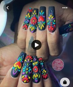 Mexico Folk Art, Mexican Nail Art Mexico, Embroidery Nails, Folk Nails, Mexico Inspired Nails