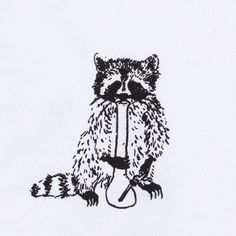 a drawing of a raccoon holding an umbrella in it's mouth and sitting on the ground