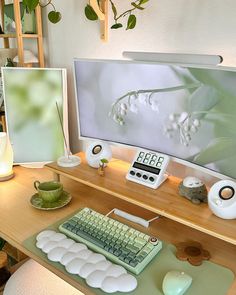 a computer desk with a keyboard, mouse and monitor