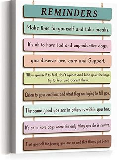 a wooden sign that says reminders on the side of a white wall with an image of