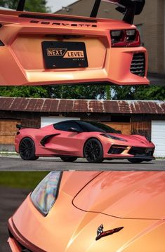 an orange sports car parked in front of a garage next to another red sports car