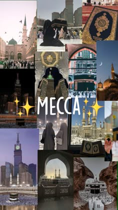 a collage of images with the words meca in different languages