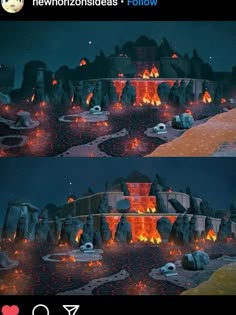 an animated scene with rocks and lava in the background, and fire coming out of them