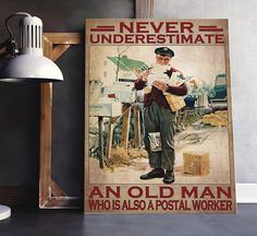 an old man who is also a postal worker poster on a desk next to a lamp