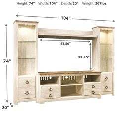 a large entertainment center with drawers and shelves, measurements for the height of each cabinet