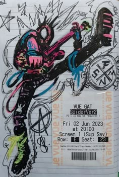 a drawing of a person on a skateboard in front of a concert ticket with the words vue gat spiderver