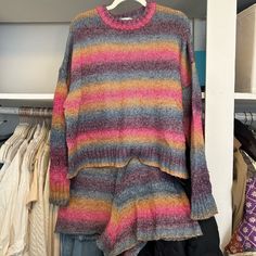 Selling As A Set. Worn A Handful Of Times **Size M In Both Top & Bottom Cozy Multicolor Sweater For Loungewear, Spring Multicolor Sweater For Loungewear, Multicolor Crew Neck Sweater For Loungewear, Something Navy, Rainbow Sweater, Navy Sweaters, Short Set, Navy Pink, Sweater And Shorts