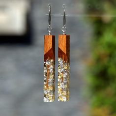 a pair of wood and crystal earrings hanging from hooks