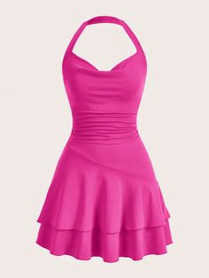 Hot Pink Sexy Collar Sleeveless Knitted Fabric Plain Cami Embellished Medium Stretch  Women Clothing Hot Pink Clothes, Lantern Dress, Mesh Overlay Dress, Hot Pink Dress, Fuchsia Dress, Hot Pink Dresses, Backless Maxi Dresses, Dress For Short Women