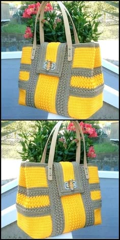 two pictures of the same handbag with yellow and gray stripes on it, one is made out of crochet