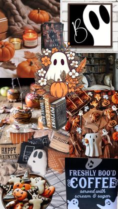 a collage of halloween images with pumpkins, ghost cookies, and other decorations