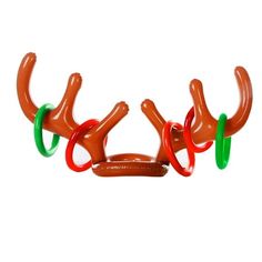 a plastic reindeer head with two green and red rings