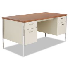 an office desk with two drawers and one file cabinet on the left side is shown