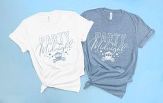 two t - shirts that say party and marriage on them, sitting next to each other