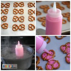 the process of making pretzels is shown in three different pictures, including pink and orange