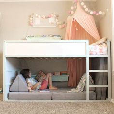 40+ Girls Bedroom Ideas With An Awesome Play Space Cozy Reading Room, Bed For Girls Room, Ikea Kura Bed, Kura Bed, Bunk Bed Designs, Decor Ikea, Bedtime Reading, Kids Bunk Beds, Toddler Bedrooms