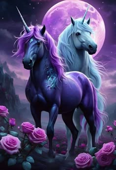 two unicorns standing next to each other in front of a full moon and roses