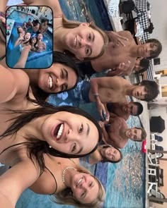 a group of young people standing next to each other near a swimming pool and smiling at the camera