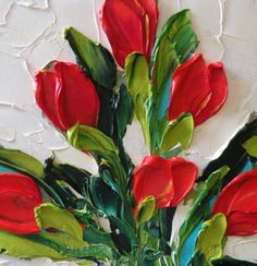 a painting of red flowers with green leaves on white canvases, ready to be painted