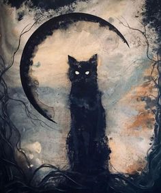 a black cat sitting in front of a full moon